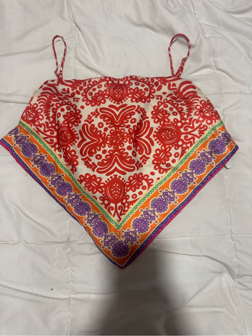 Zara Red and Cream Printed Handkerchief Hem Cami with Multicolor Border
